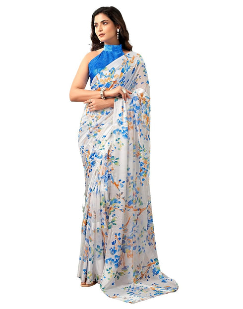 Vasthrlay Georgette Sequence White And Blue Saree With Unstitched Blouse Piece