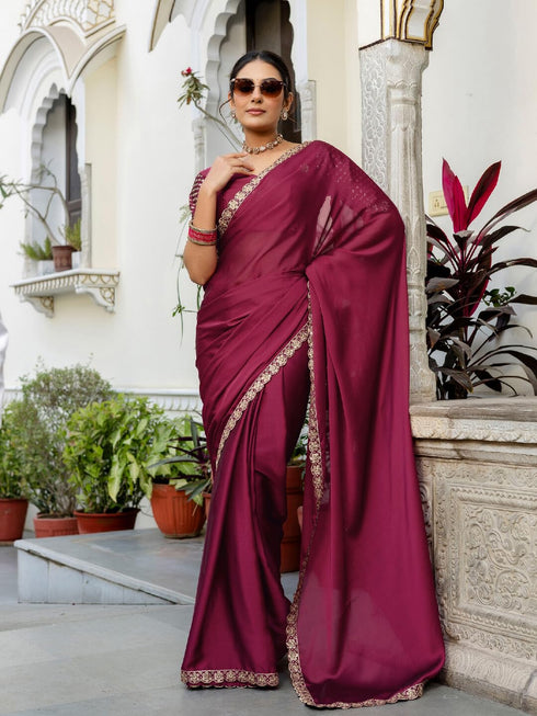 Vasthrlay Sequins Embroidery Unstitched Maroon Saree