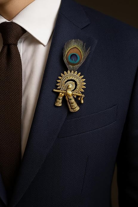 Handcrafted Krishna Flute Brooch with Peacock Feather