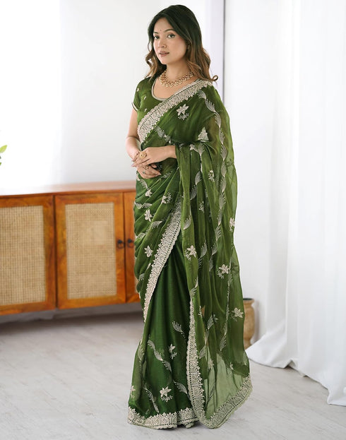 Vasthrlay Scalloped Embroidery Unstitched Lime Green Saree