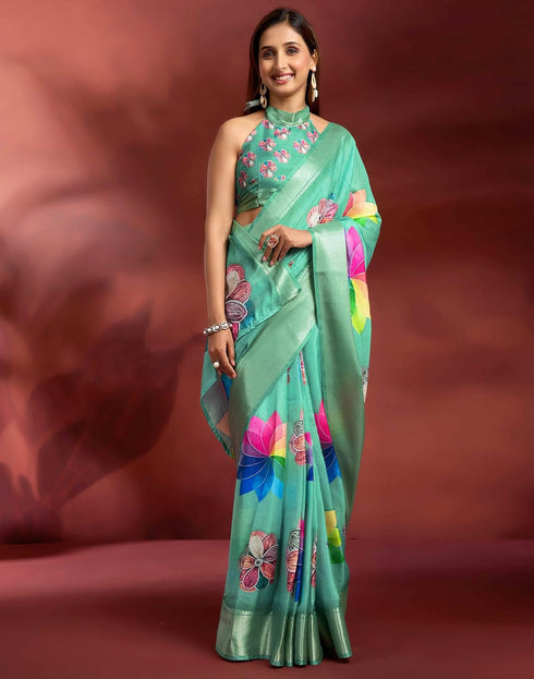 Vasthrlay Printed Jacquard Sea Green Saree With Unstitched Blouse Piece