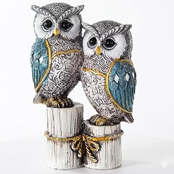 Decorative Owl Figurine Set White and Blue Resin Intricate Pattern Design