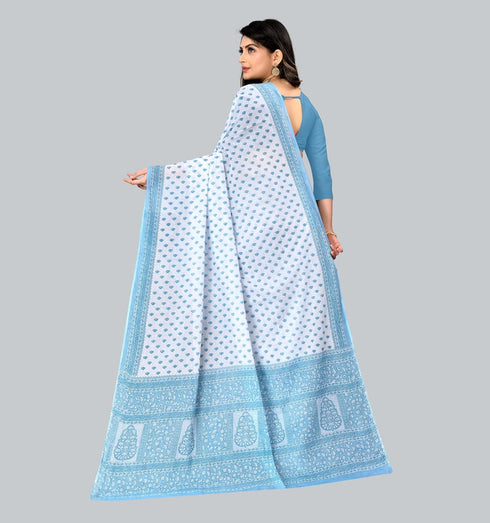 Vasthrlay Cotton Blue White Saree