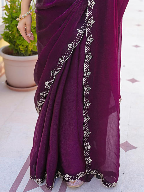 Vasthrlay Scalloped Embroidery Yellow Saree