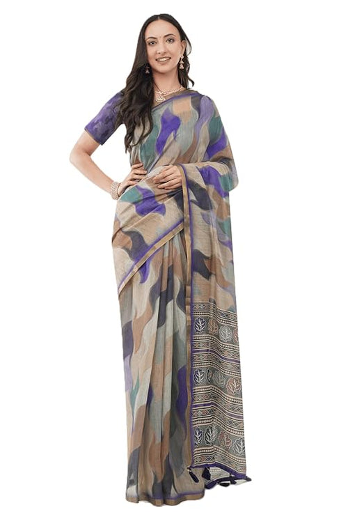 Vasthrlay Off White1 Paisley Printed Linen Saree With Unstitched Blouse Piece
