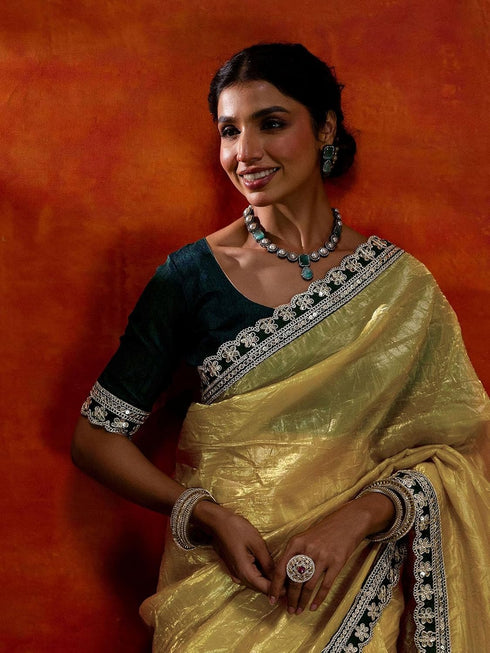 Vasthrlay Sequins Embroidery Olive Saree