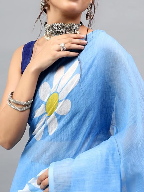 Vasthrlay Blue Linen Floral Printed Saree With Solid Unstitched Linen Blouse Piece