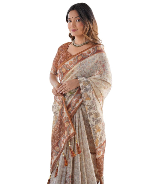 Vasthrlay Beige Blue Traditional Handloom Saree