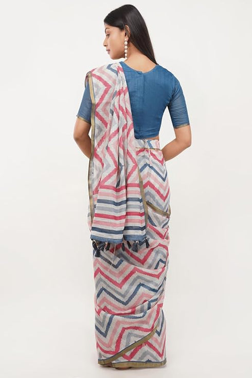 Vasthrlay White Womens Paisley Printed Linen Saree With Unstitched Blouse Piece