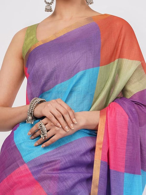 Vasthrlay Multicolour Linen Floral| Striped| Check Design Printed Saree With Solid Unstitched Linen Blouse Piece