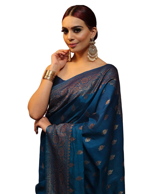 Vasthrlay Banarasi Kanjivaram Unstitched Teal Saree