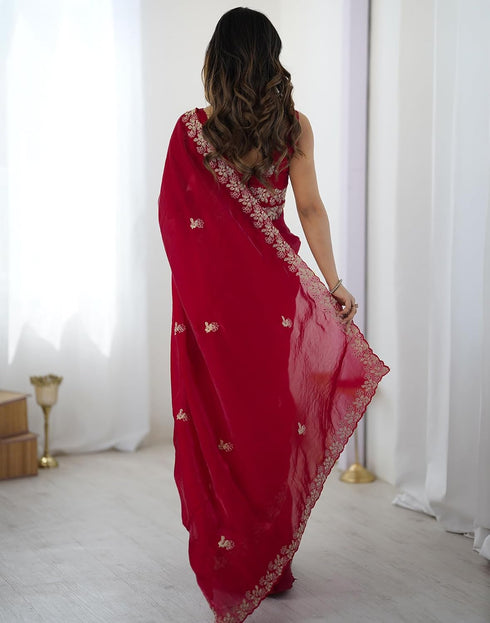 Vasthrlay Scalloped Embroidery Unstitched Rani Pink Saree