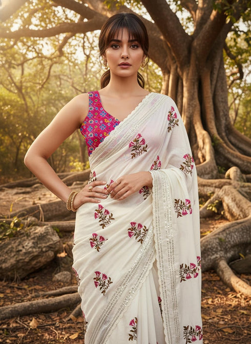 Vasthrlay Georgette Embroidery White Ethnic Wear