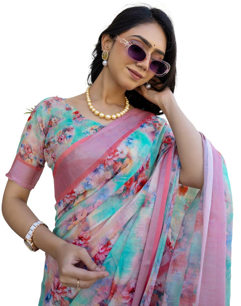 Vasthrlay Womens Cotton Unstitched Teal Saree