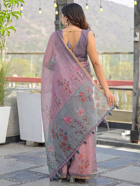 Vasthrlay Womens Printed Mauve Saree With Unstitched Blouse Piece
