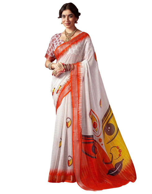 Vasthrlay Womens Printed Unstitched White Saree