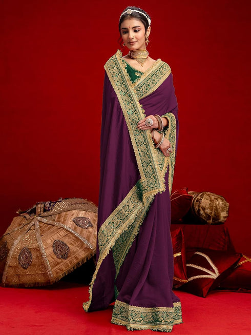 Vasthrlay Vichitra Embroidery Unstitched Red Saree