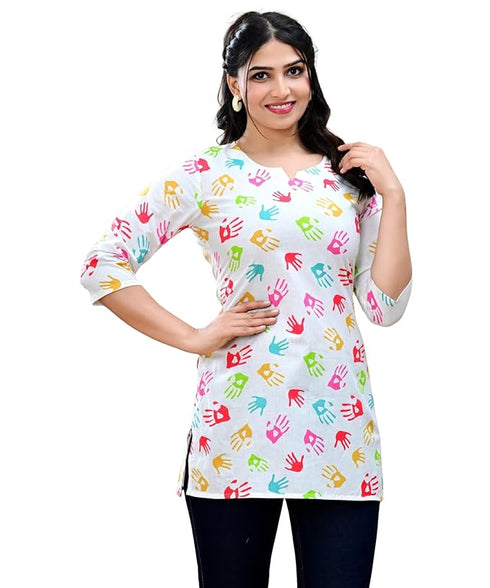 Women Holi Special Cotton Printed Short Kurti Top
