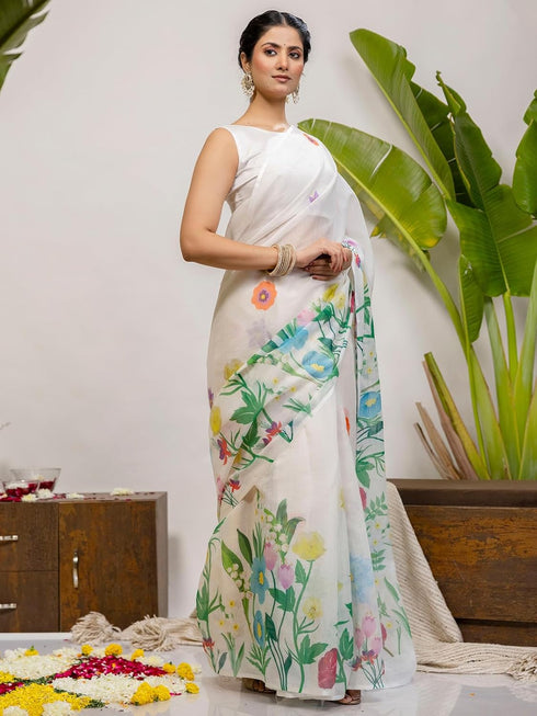 Vasthrlay Printed Off White1 White Saree
