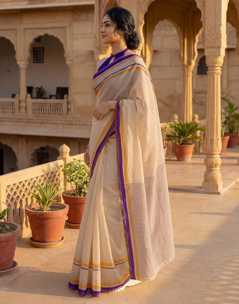Vasthrlay Womens Printed Unstitched Off White Saree