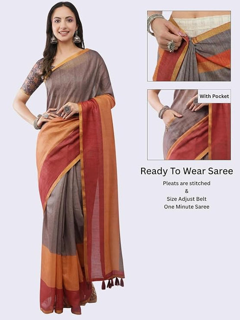Vasthrlay Brown Women'S Blue And White Chevron Printed Linen Saree