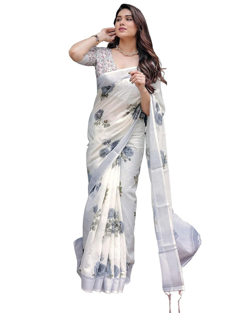 Vasthrlay Womens Printed Off-White And Black Saree With Unstitched Blouse Piece