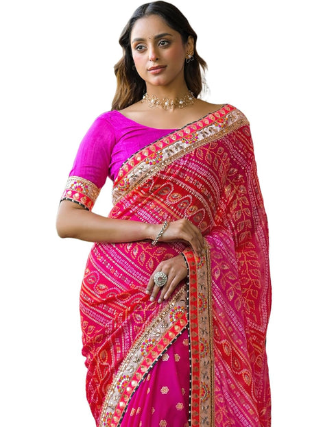 Vasthrlay Bandhani Embroidery Unstitched Pink Saree