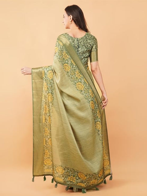 Vasthrlay Metallic Gold Textured Polyester Saree With Kalamkari Floral Panel| Zari Border And Unstitched Blouse Piece