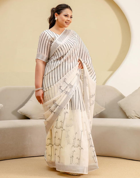 Vasthrlay Womens Printed Unstitched Off White Saree