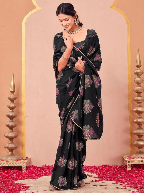 Vasthrlay Vichitra Printed Black Saree With Unstitched Blouse Piece