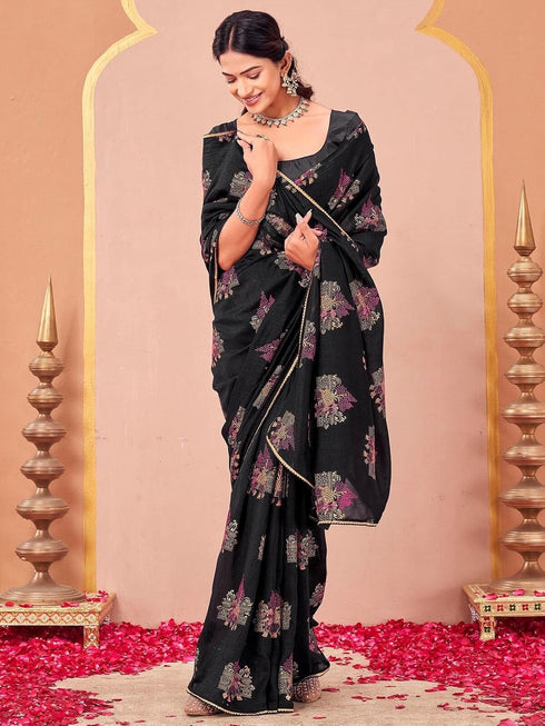 Vasthrlay Vichitra Printed Unstitched Maroon Saree