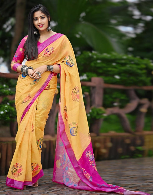Vasthrlay Chanderi Printed Unstitched Blue Saree