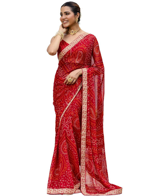Vasthrlay Bandhani Embroidery Unstitched Red Saree