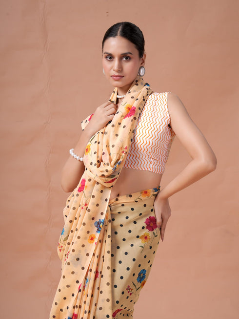 Vasthrlay White Floral Unstitched Saree