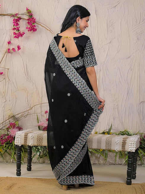 Vasthrlay Shimmer Embroidery Mustard Mustard Yellow Saree