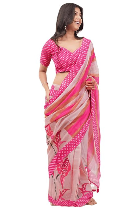 Vasthrlay Pink Peach Digital Print Linen Ready To Wear Saree For Women