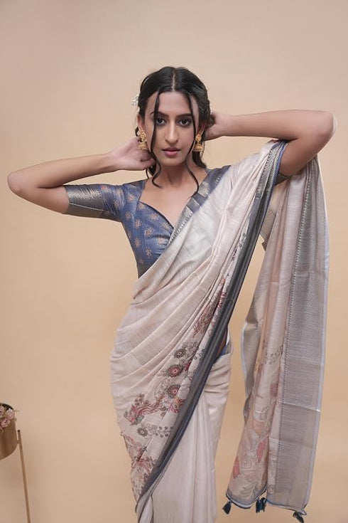 Vasthrlay Cream Abstract Print Polyester Saree With Antique Zari Border And Unstitched Blouse Piece