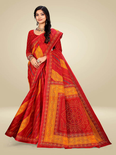 Vasthrlay Bandhani Swarovski Traditional Red Saree