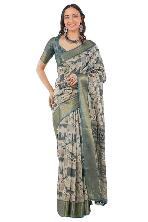 Vasthrlay Off White Teal Patchwork Print Polyester Saree With Zari Border And Unstitched Blouse Piece