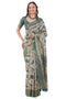 Vasthrlay Off White Teal Patchwork Print Polyester Saree With Zari Border And Unstitched Blouse Piece