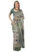 Vasthrlay Off White Teal Patchwork Print Polyester Saree With Zari Border And Unstitched Blouse Piece