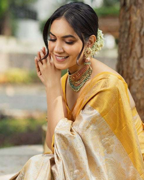 Vasthrlay Mustard Yellow Jacquard Traditional Unstitched Saree