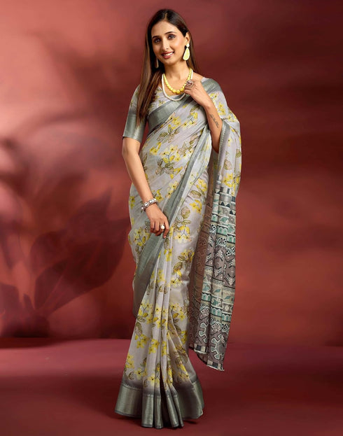 Vasthrlay Printed Jacquard Unstitched Rama Green Saree