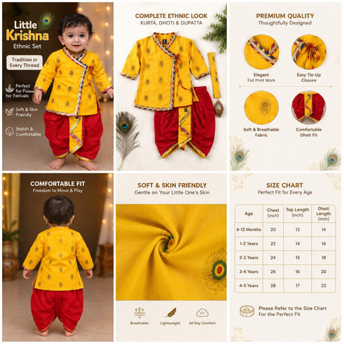 Fancy Zari Print Krishna Dress for Baby Boys, Kurta with Dhoti, Yellow and Red