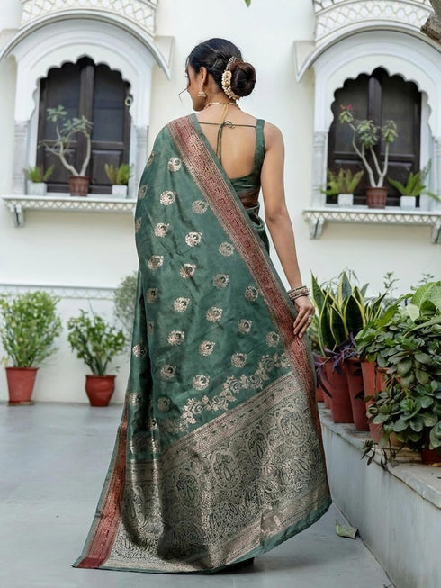 Vasthrlay Banarasi Weaving Green Saree With Unstitched Blouse Piece