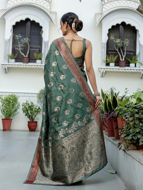 Vasthrlay Banarasi Weaving Unstitched Teal Saree