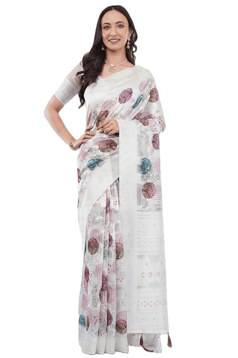 Vasthrlay White Floral Print Chanderi Silk Blend Saree With Unstitched Blouse Piece