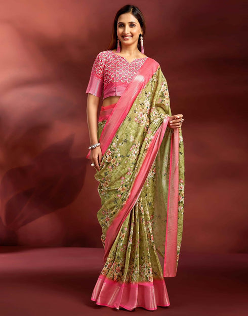 Vasthrlay Printed Jacquard Green Saree With Pink Unstitched Blouse Piece