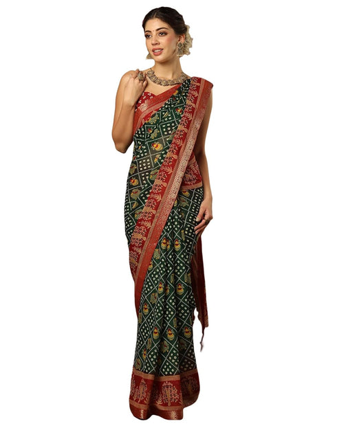 Vasthrlay Georgette Bandhani Unstitched Dark Green Saree