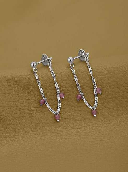 925 Sterling Silver Rhodium Plated Tourmaline Stud with Chain Earring
